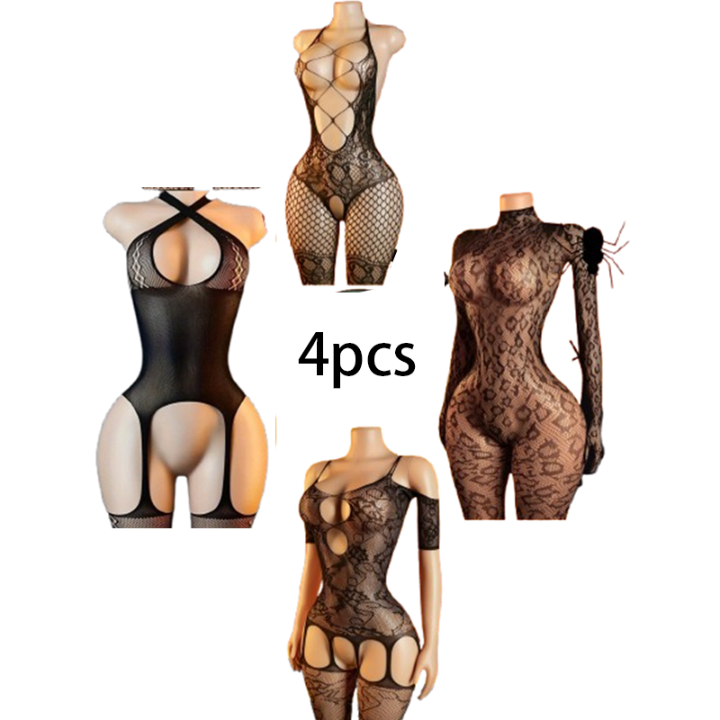 4-Piece Sexy Lingerie Set: Wom - Bodystocking Fishnet ulasan dan harga